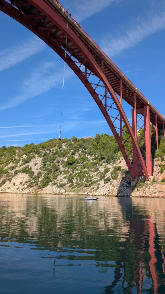 Side view of the Maslenica Bridge above the Adriatic coast