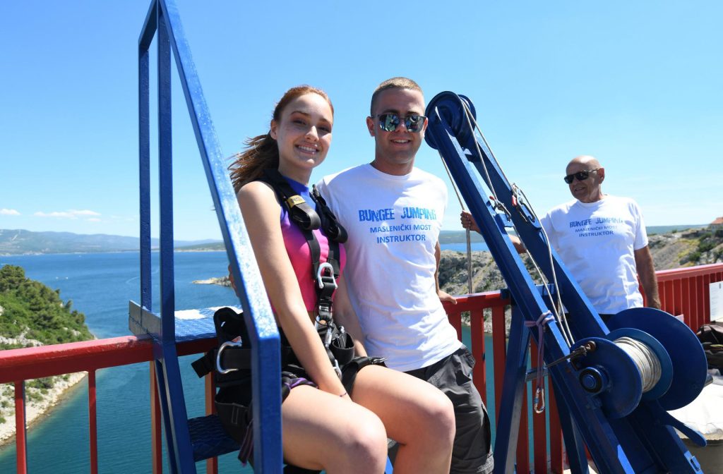 Smiling before their bungee jump at Maslenica Bridge