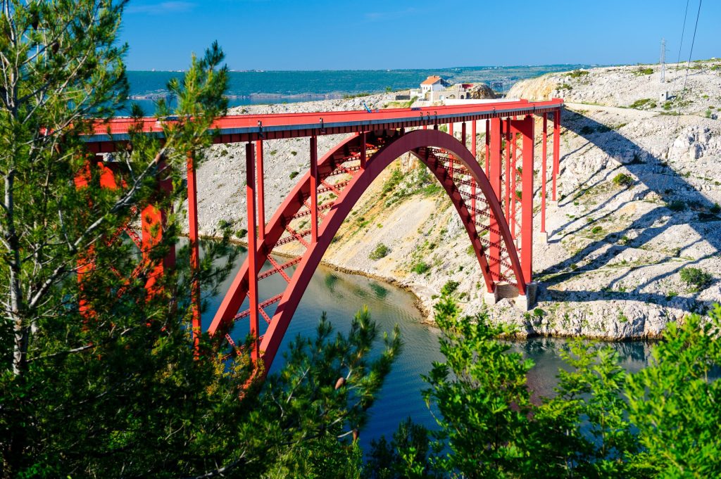 Aerial view of Maslenica Bridge and Adriatic Sea near Zadar, Croatia